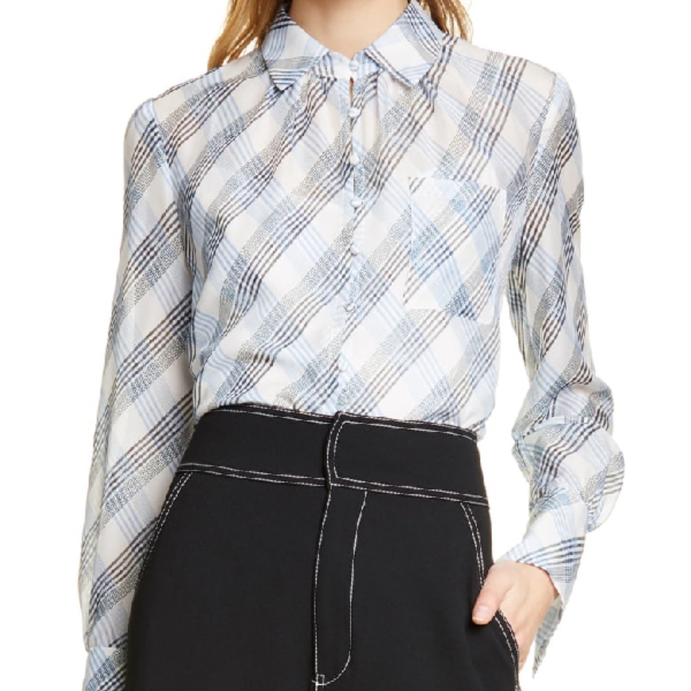 Joie Blue White Plaid Malcah Semi-sheer Silk Top - Picture 2 of 13